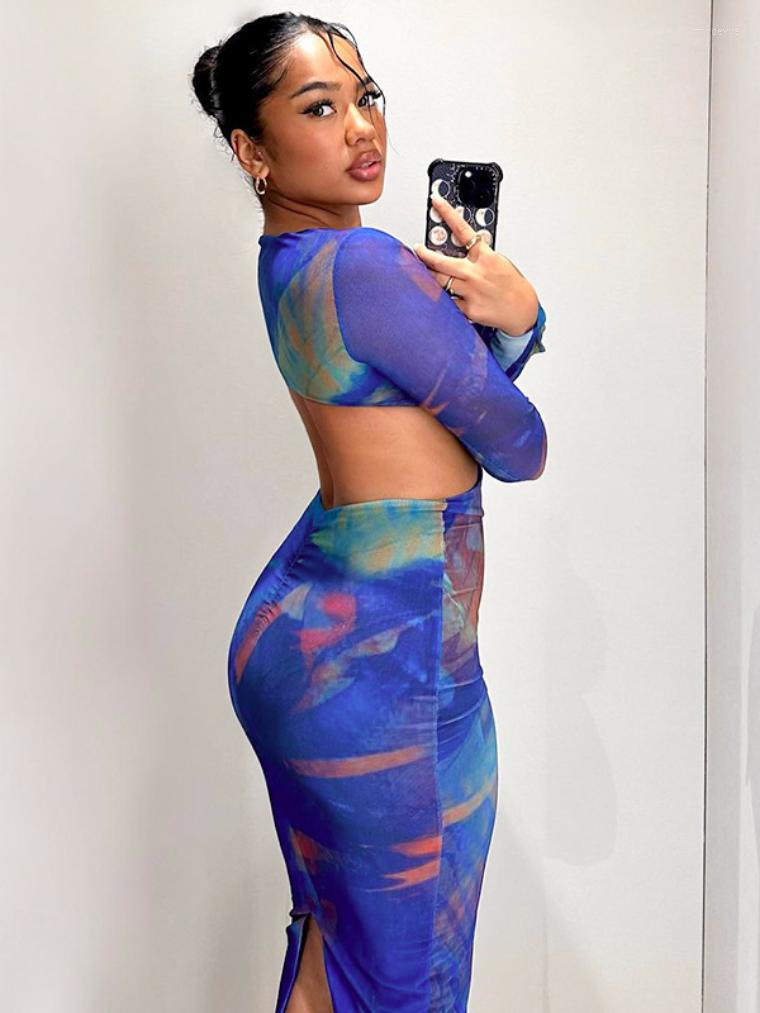 Casual Dresses Blue Print Mid-calf Cut Out Mesh For Women Fashion Elegant O-neck Long Sleeve High Waist Bodycon Night Club Party Dress