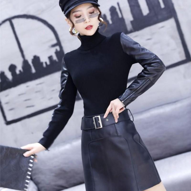 Women's Knits Women Genuine Leather Spliced Zippers Sheepskin Long Sleeve Turtleneck Knitted Pullover Fashion Stretch Skinny Sweaters, Black
Women's Knits Women Genuine Leather Spliced Zippers Sheepskin Long Sleeve Turtleneck Knitted Pullover Fashion Stretch Skinny Sweaters, Black