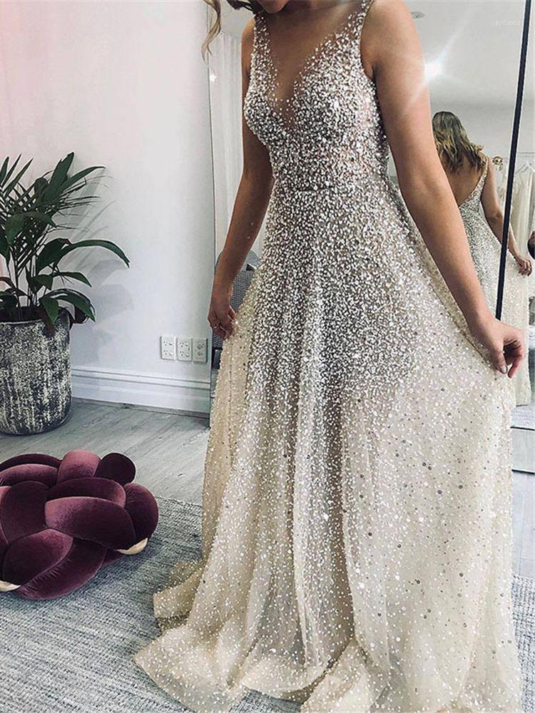 Casual Dresses Luxury Gold Sequins Beads Prom Sleeveless V-Neck A-line Wedding Woman Party Evening Gown Cocktail Dress Vestidos Fashion
