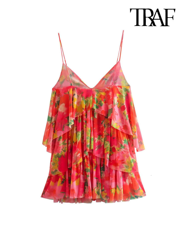 Casual Dresses TRAF Women Fashion With Ruffled Printed Tulle Mini Dress Vintage Backless Thin Straps Female Vestidos Mujer 230420