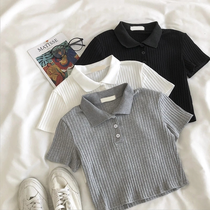 Women' T Shirt POLO Neck Chic T Women Korea Style Crop Top Button Tees Slim Fit Lady Short Sleeve Street Wear Harajuku 230419, Gray 
Women' T Shirt POLO Neck Chic T Women Korea Style Crop Top Button Tees Slim Fit Lady Short Sleeve Street Wear Harajuku 230419, Gray