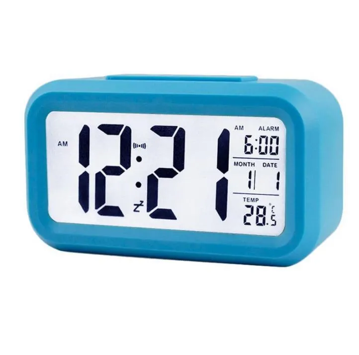 Plastic Mute Alarm Clock LCD Smart Temperature Cute Photosensitive Bedside Digital Alarms Clocks Snooze Nightlight Calendar