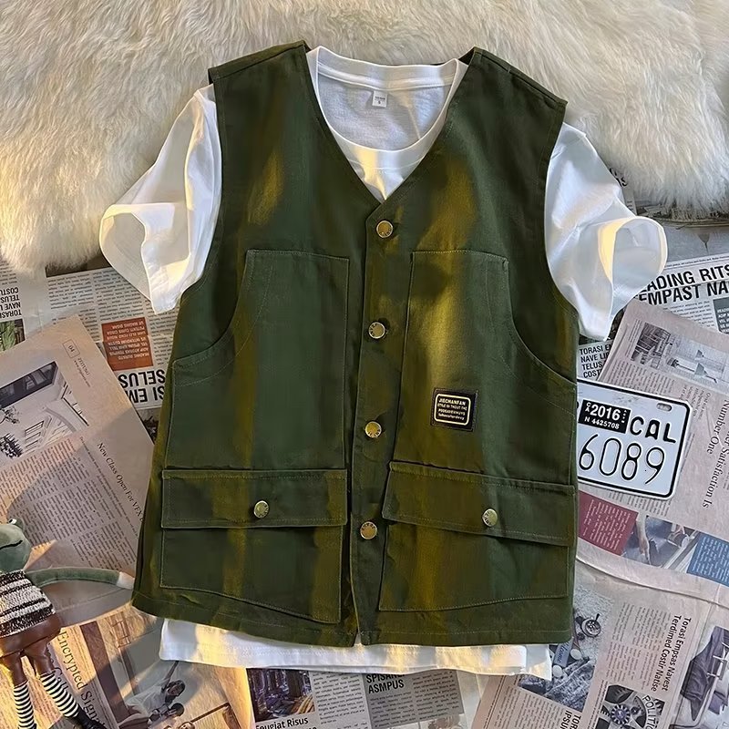 Men's Vests Sweater Vest Men Cargo Spring Retro Sleeveless Outwear Allmatch M3XL Army Green Vneck Single Breasted Clothing Handsome Male 230420