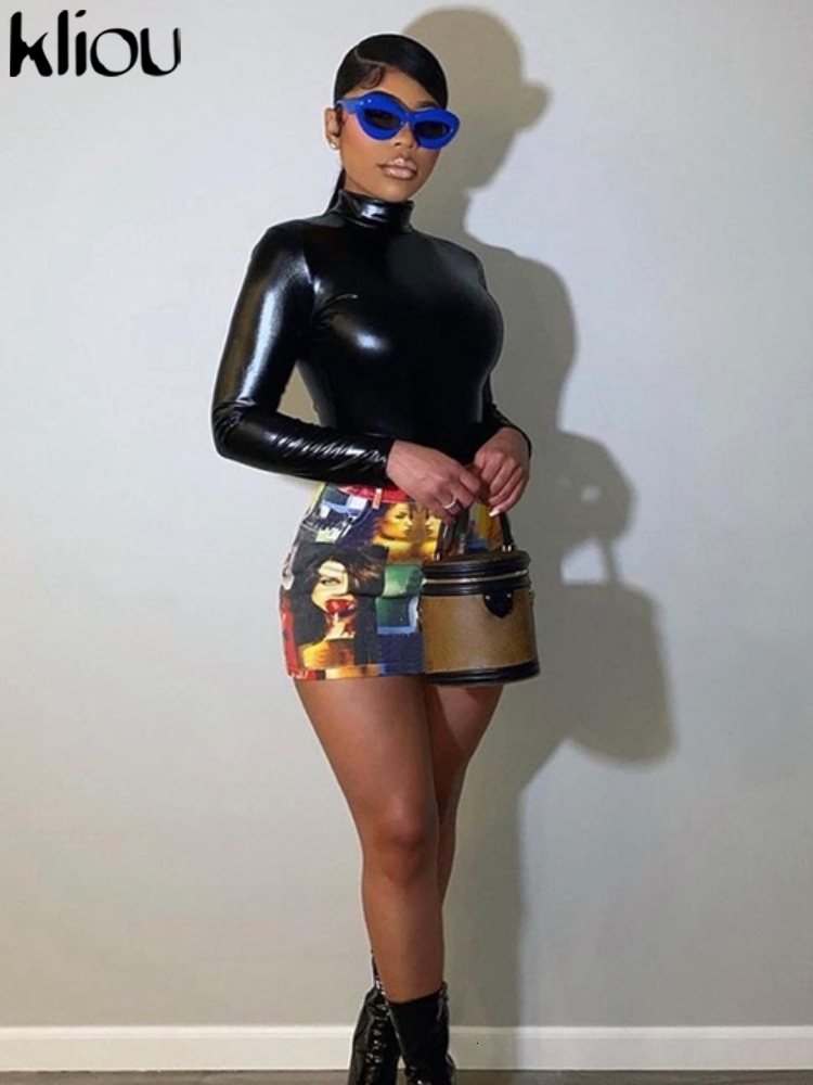 Skirts Kliou Colorful Portrait Print Hip Female Street Style Classic High Waist Zipper and Button Skinny Mini Bottoms Attirewear 230420