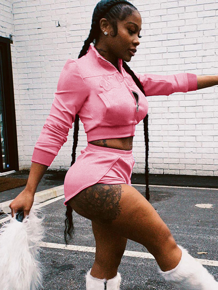 Women's Two Piece Pants Autumn Soild Zipper Pockets Short Sets For Women Clothes Streetwear Silm Sportswear Elastic Waist Sexy Fashion Two Piece 