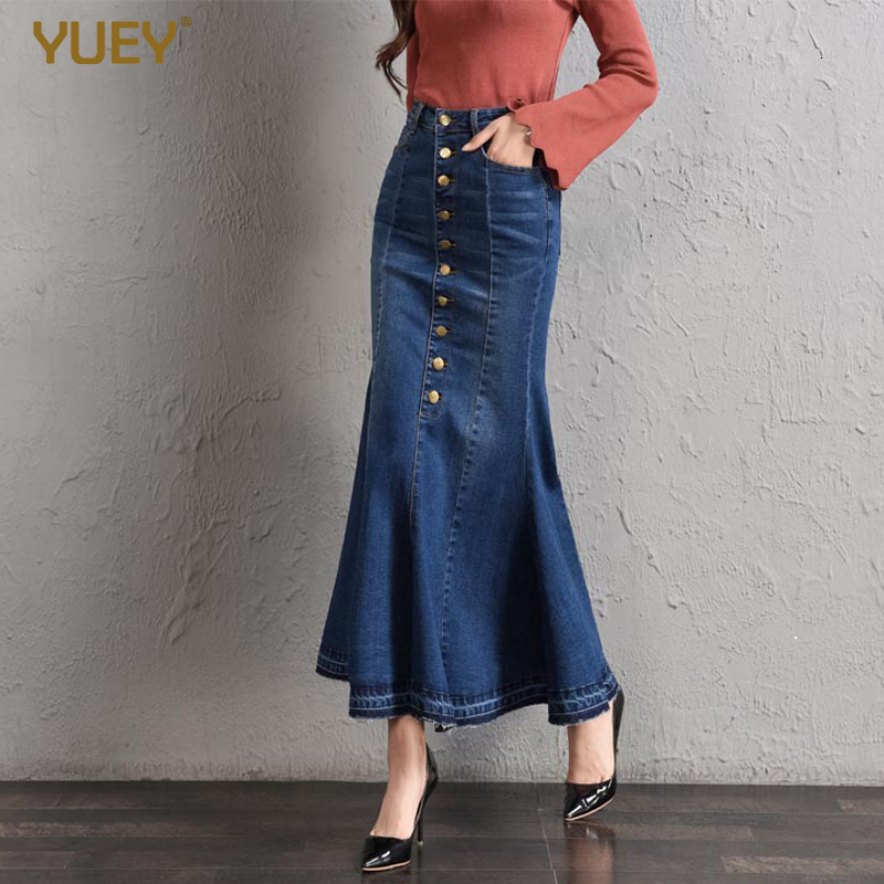 Skirts Fashion Denim Plus Size Spring Autumn Single Breasted Slim Fishtail High Waist Stretch With Ruffles Buttocks 230420