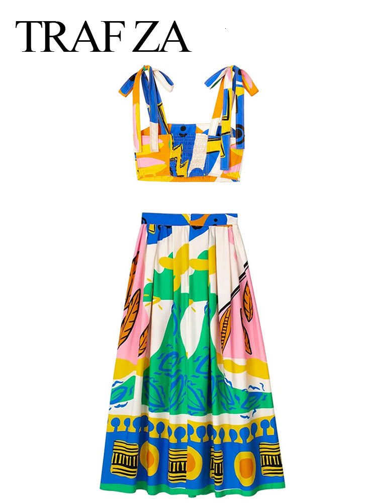 Two Piece Dress TRAFZA Women Print Skirts Set Straps Bustier Backless Slim Tank Tops High Waist Pleated Midi Skirt Female Streetwear 230419