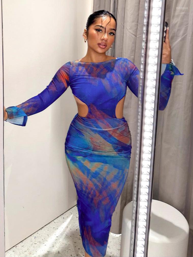 Casual Dresses Blue Print Mid-calf Cut Out Mesh For Women Fashion Elegant O-neck Long Sleeve High Waist Bodycon Night Club Party Dress