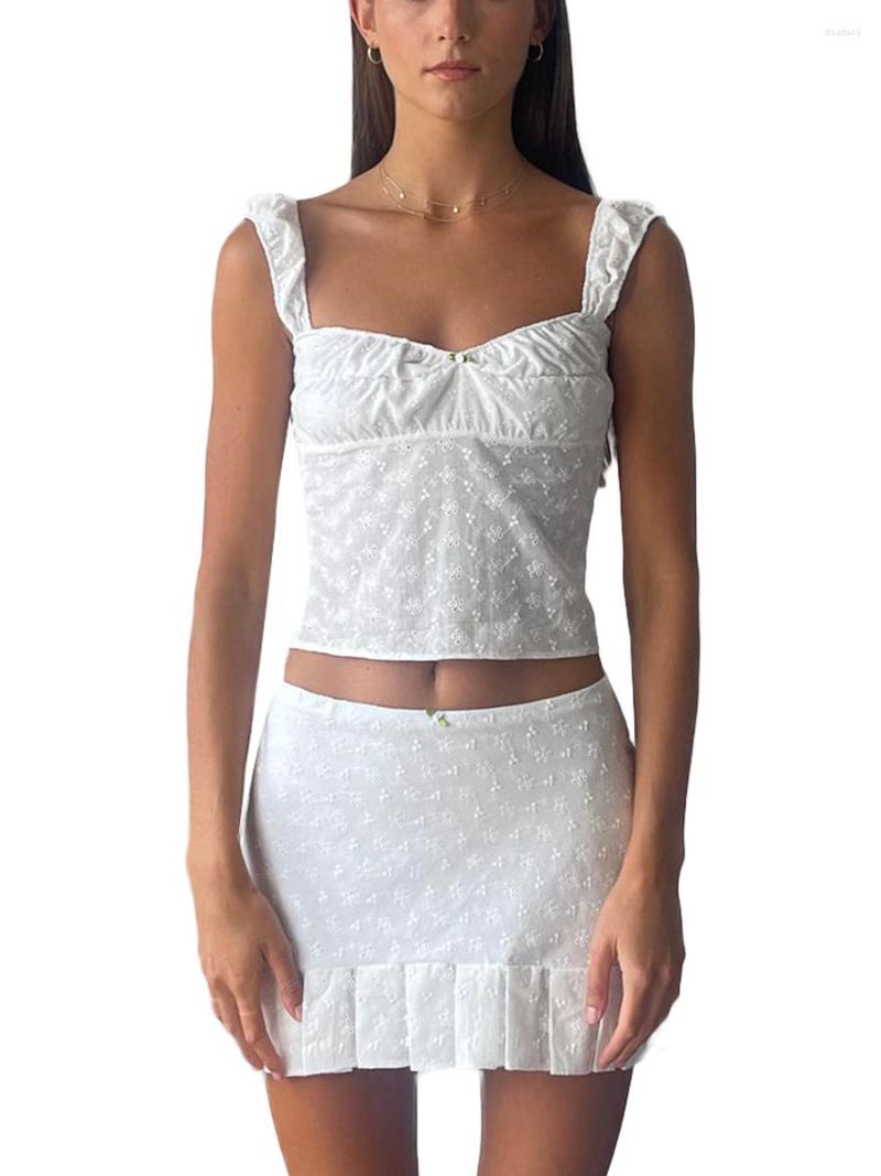 Women's Tanks Women Summer 2 Pieces Outfits Lace Flower Sleeveless Tie-Up Backless Sling Tank Tops Wrapped Hip Mini Pleated Skirts Set