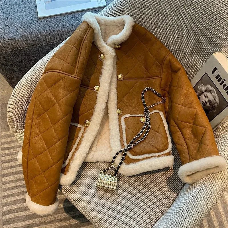 Womens Jackets Small Retro Fleece Lamb Top Winter Loose Premium Feel Warm Diamond Grid Bombed Street Jacket Coat Women Solid 231118