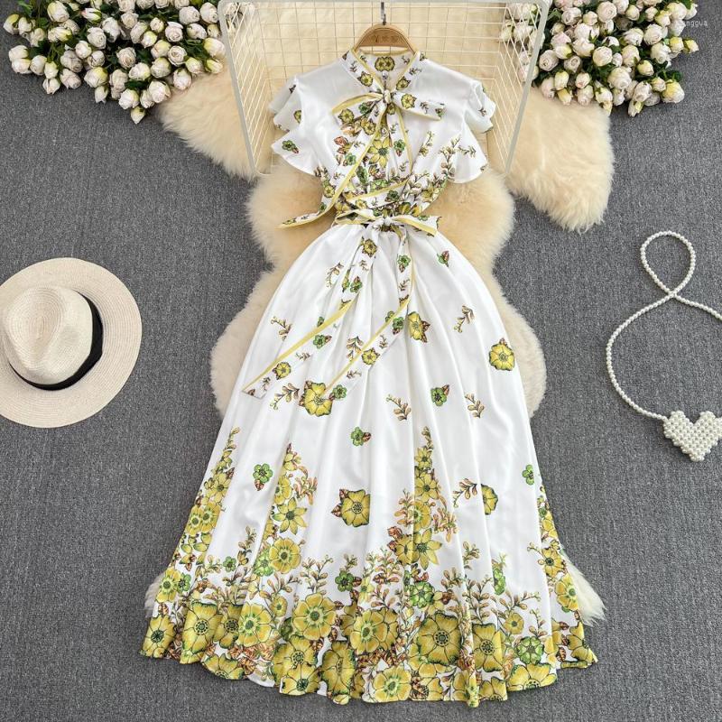Casual Dresses French Style Summer Bow Tie Collar Knee Length Dress Women's Flying Sleeve Floral Print Lace Up Belt Vintage A-Line, Yellow
Casual Dresses French Style Summer Bow Tie Collar Knee Length Dress Women's Flying Sleeve Floral Print Lace Up Belt Vintage A-Line, Yellow