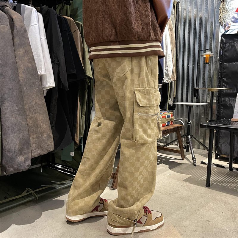 Mens Jeans Japanese Chessboard Checker Fashion Street Hip Hop Loose Straight Wide Leg Pants Couple Outerwear Red Black 230420