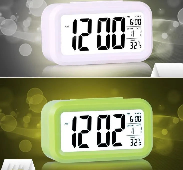 Plastic Mute Alarm Clock LCD Smart Temperature Cute Photosensitive Bedside Digital Alarms Clocks Snooze Nightlight Calendar