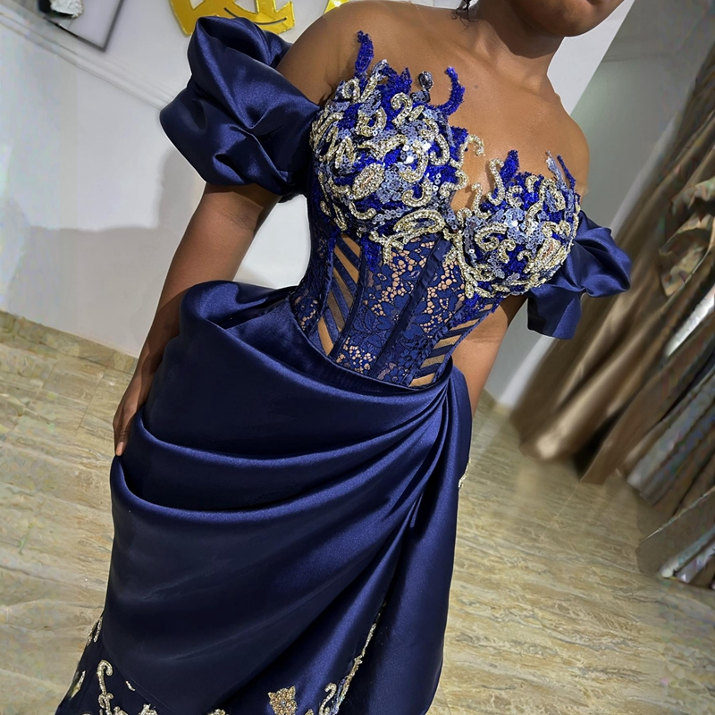 2023 Plus Size Aso Ebi Prom Dresses Real Photos Off Shoulder Royal Blue Sheath Lace Beading African Nigeria Glitter Evening Dress Second Reception Gow