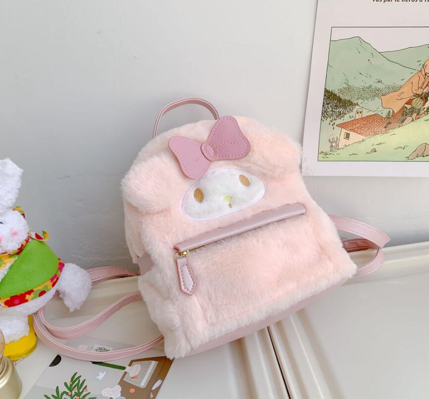 Cute Pink White Zipper Plush Backpack Girl Cute Soft Accessories Double Shoulder Bag Girls Birthday Gift
