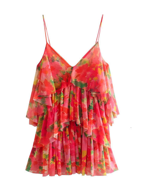 Casual Dresses TRAF Women Fashion With Ruffled Printed Tulle Mini Dress Vintage Backless Thin Straps Female Vestidos Mujer 230420
