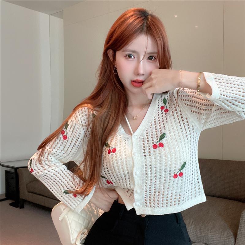Women's Blouses & Shirts Autumn V-neck Single-breasted Loose Hollow Out Knitted Cherry Long-sleeved Cardigan Shirt WomenWomen's, White
Women's Blouses & Shirts Autumn V-neck Single-breasted Loose Hollow Out Knitted Cherry Long-sleeved Cardigan Shirt WomenWomen's, White