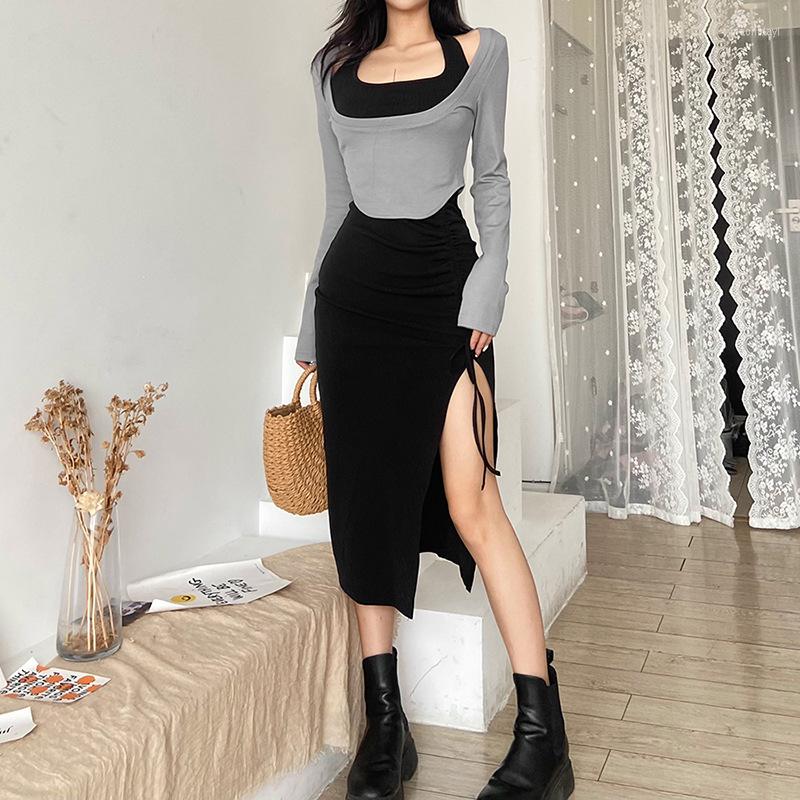 Casual Dresses Simple Solid Color Thin Loose Top With Tight Sexy Mature Halter Long Dress Women' Knitted Two-piece Set, Gray
Casual Dresses Simple Solid Color Thin Loose Top With Tight Sexy Mature Halter Long Dress Women' Knitted Two-piece Set, Gray