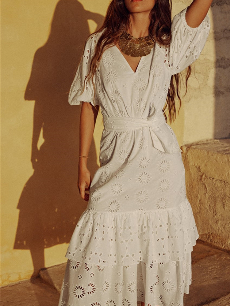 Casual Dresses Spring Dress UNIZERA Womens White Fashion Temperament Elegant Belt Embroidery Hollow Layered Dress 2796979 230420