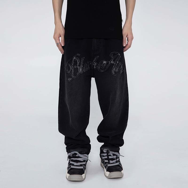 Mens Jeans Hip Hop Tassel Letter Embroidery Ripped Pants Harajuku Retro Straight Washed Casual Oversized Denim Trousers 230420