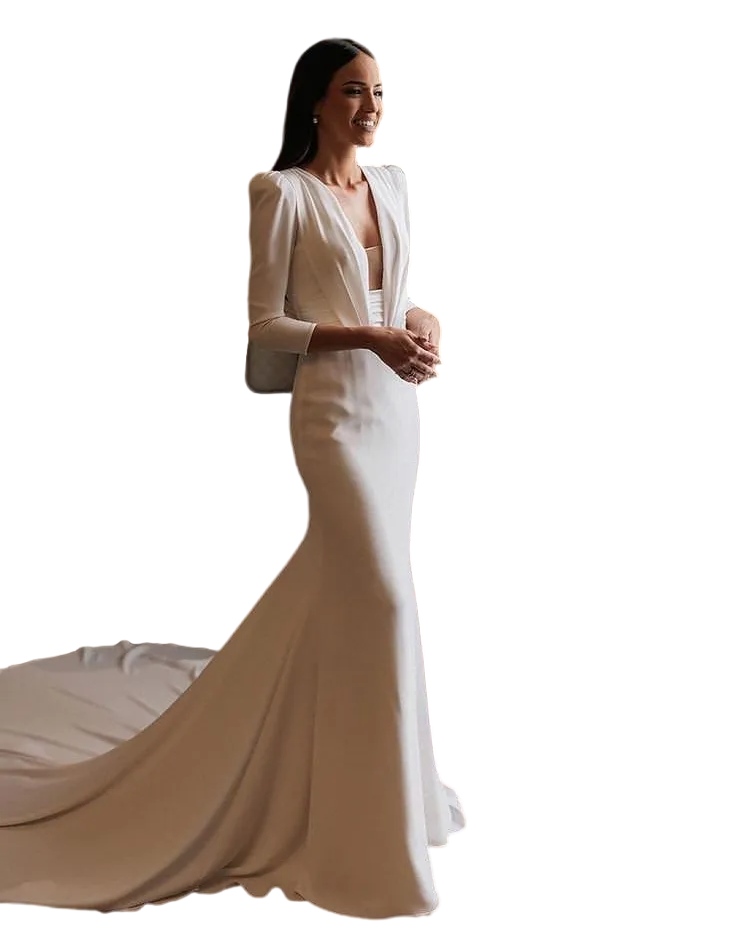 Simple Crepe Long Sleeve Mermaid Wedding Dresses 2023 Sexy Open Back V Neck modern Boho outdoor country Bridal Gowns