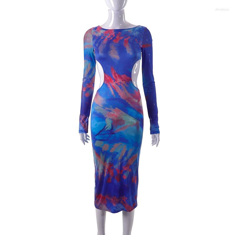 Casual Dresses Blue Print Mid-calf Cut Out Mesh For Women Fashion Elegant O-neck Long Sleeve High Waist Bodycon Night Club Party Dress