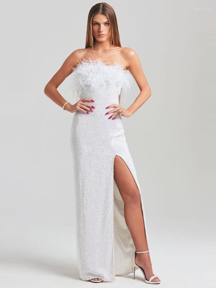 Casual Dresses BEVENCCEL Sexy Feather Sequins Split Strapless White Long Bodycon Dress Women Elegant Maxi Party Evening Night Club 2023
Casual Dresses BEVENCCEL Sexy Feather Sequins Split Strapless White Long Bodycon Dress Women Elegant Maxi Party Evening Night Club 2023