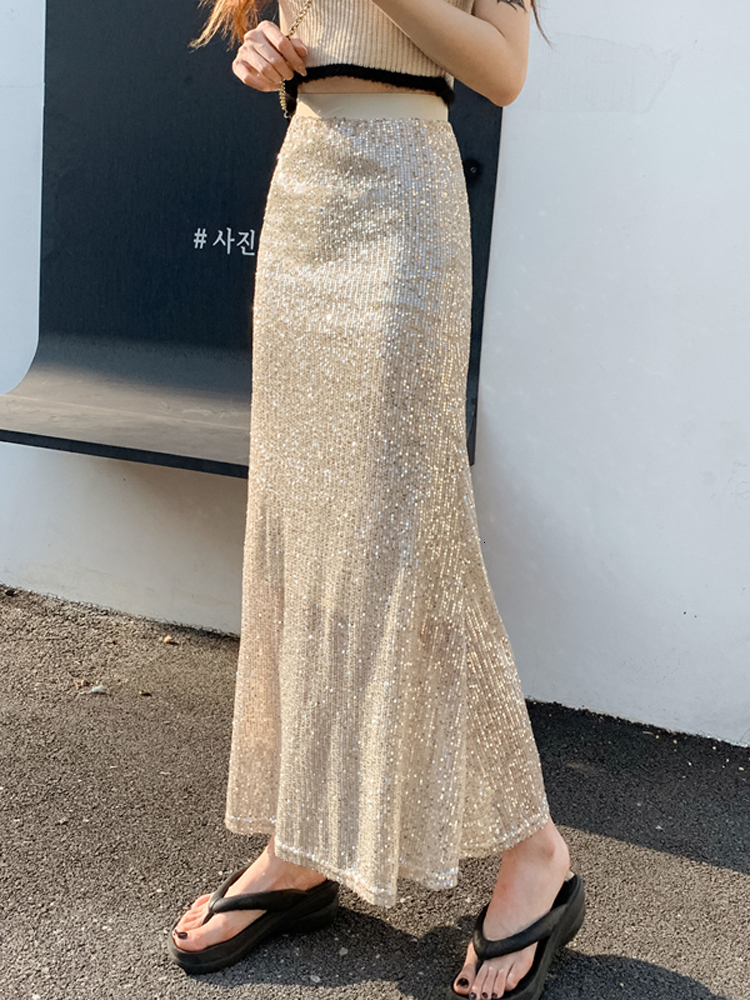 Skirts Fashion Shiny Sequin Elastic High Waist Slim Mermaid Spring Summer ALine Wrap Hip 230420