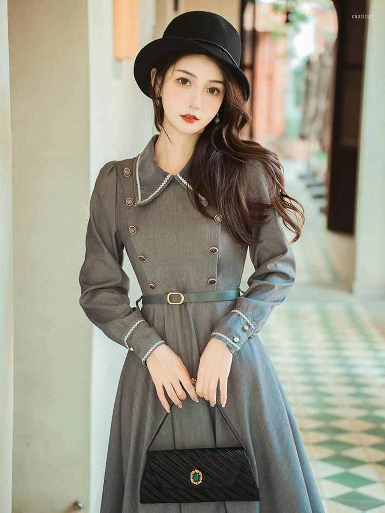 Casual Dresses French Vintage Style Gray Senior Sense Double-breasted Design Retro Preppy Vestido Autumn Elegant Dress Robe Femme
Casual Dresses French Vintage Style Gray Senior Sense Double-breasted Design Retro Preppy Vestido Autumn Elegant Dress Robe Femme