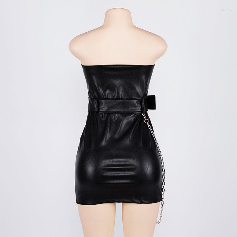 Casual Dresses Women Spring Goth Style Black PU Leather Zipper Dress Fashion Metal Chain Decoration Punk Girl Sleeveless Vestido
