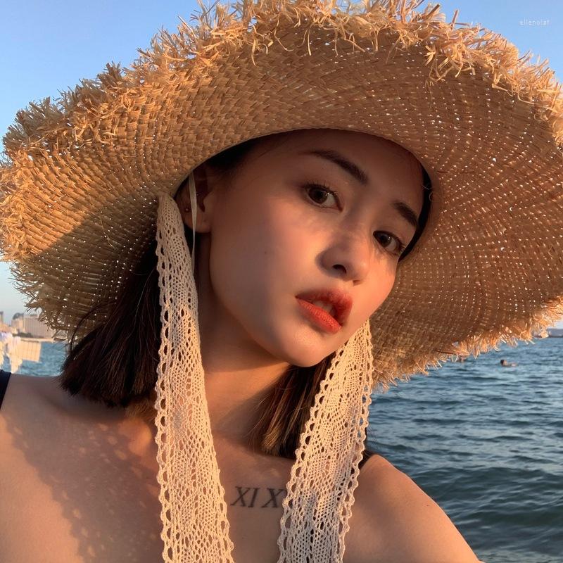 Wide Brim Hats Ultraviolet-proof Sun Cap Women Hand-woven RAFFIA Summer Lace Ribbon Travel Beach Straw Fedoras Chapeau Femme, As photo
Wide Brim Hats Ultraviolet-proof Sun Cap Women Hand-woven RAFFIA Summer Lace Ribbon Travel Beach Straw Fedoras Chapeau Femme, As photo