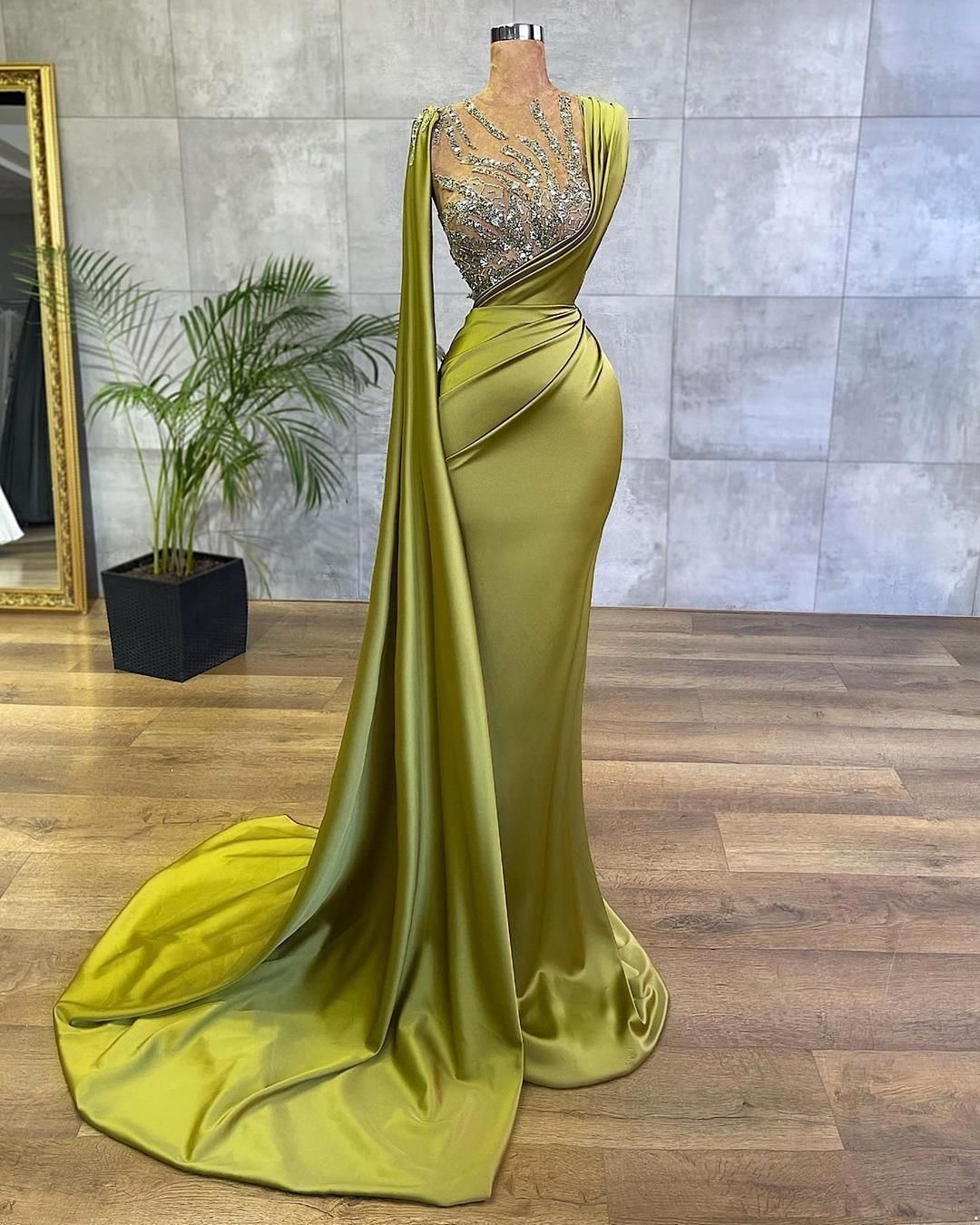 Arabic Lemon Green Mermaid Prom Dresses Mesh Top Sequin Beads Ruched Evening Ocn Wear Gowns Sheer Neck Sweep Train Robe De Custom Made Dress