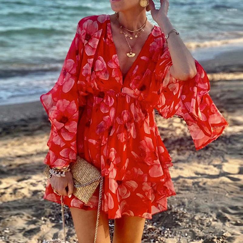 Casual Dresses Ladies Deep V Ruffle Batwing Sleeve Mini Dress Spring Elegant Red Flower Print Holiday Short Layered Party, 01 red
Casual Dresses Ladies Deep V Ruffle Batwing Sleeve Mini Dress Spring Elegant Red Flower Print Holiday Short Layered Party, 01 red