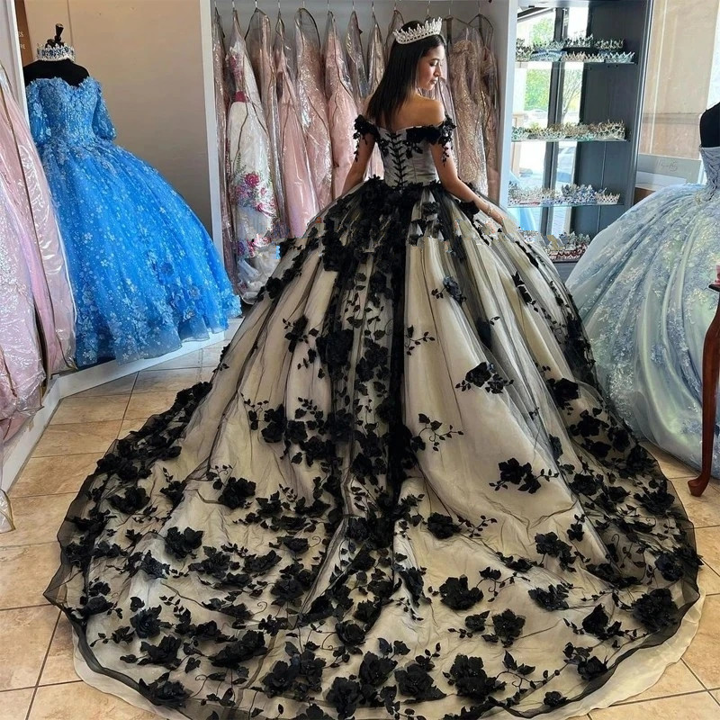 Black Princess Quinceanera Dresses Off Shoulder lace-up corset Sweet 16 Dress 3D Flowers Appliques Crystal vestidos de 15 anos