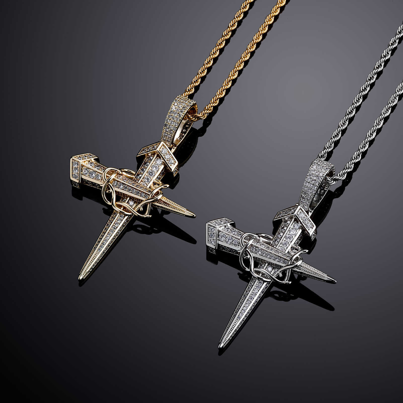Prong Cubic Zircon Anchor Cross Pendant Necklace Accessories Mens Womens Fashion Hip Hop Necklaces 14K White Gold Rock Full CZ Stone Charm Jewelry Wol