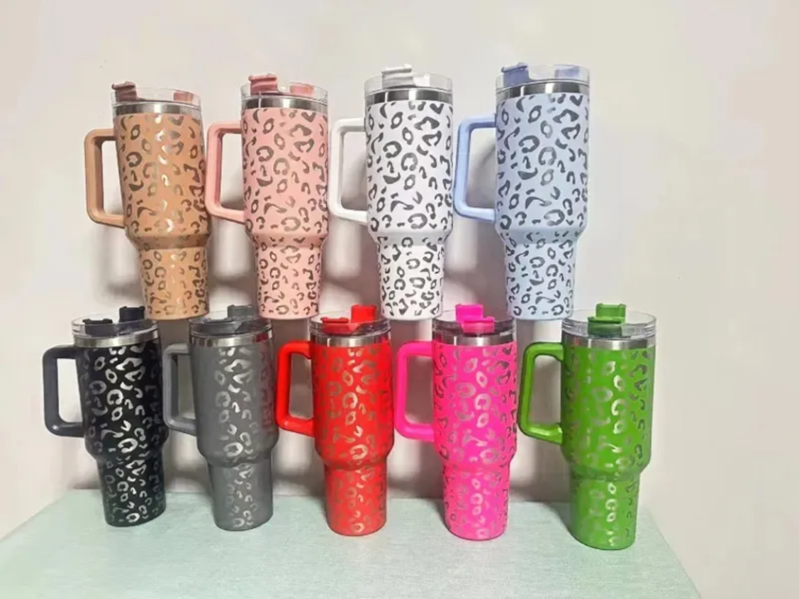 1pc Leopard 40oz Water Bottles with Handle and Straw Stainless Steel Insulated Travel Mug Tumbler Big Capcity Cups Keep Drinks Cold