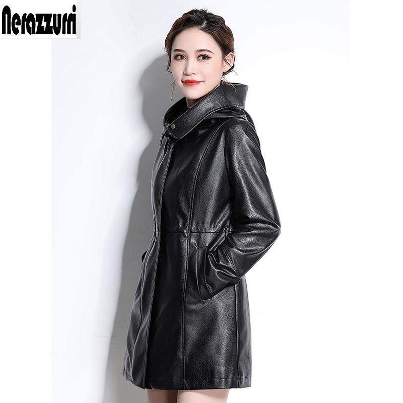 Jackets Nerazzurri Autumn Black Soft Faux Leather Jackets Women with Hood Zipper Drawstring Long Sleeve Waterproof Leather Windbreaker
Jackets Nerazzurri Autumn Black Soft Faux Leather Jackets Women with Hood Zipper Drawstring Long Sleeve Waterproof Leather Windbreaker