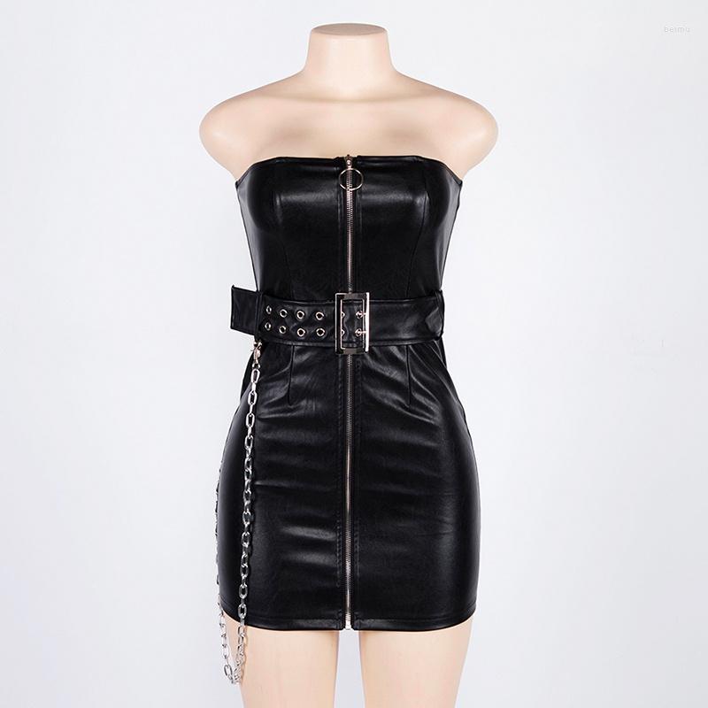 Casual Dresses Women Spring Goth Style Black PU Leather Zipper Dress Fashion Metal Chain Decoration Punk Girl Sleeveless Vestido