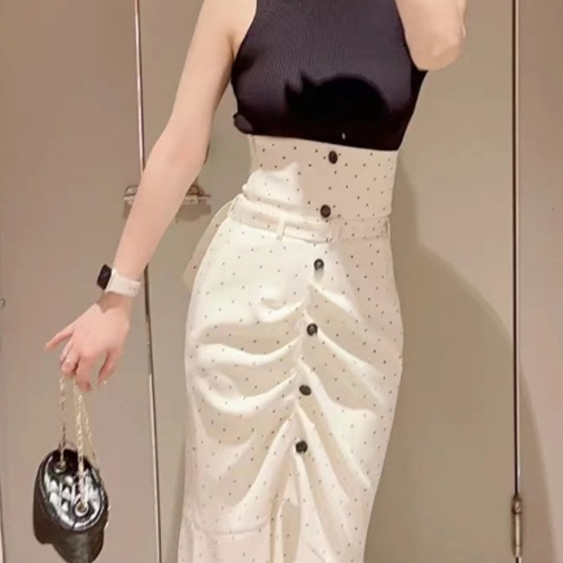 Skirts Kuzuwata 2023 Spring High Waist Irregular Skirt Solid Color Elegant Temperament Mujer Faldas Polka Dot Harajuku Mermaid Jupe 230420