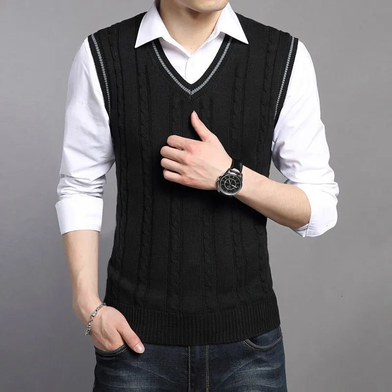 Men's Vests 2023 Winter Mens Sleeveless Knitted Warm Waistcoats Casual Men Slim VNeck Pullovers Uniform Sweater Clothin 230420