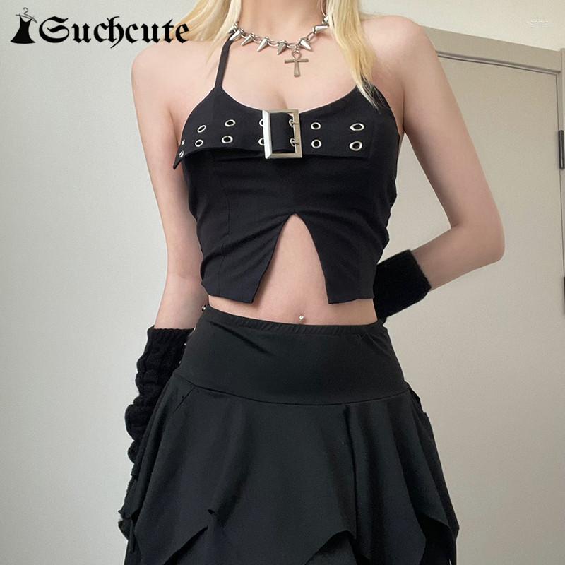 Women's Tanks SUCHCUTE Gothic Button Patchwork Crop Tops Women Grunge Dark Academic Tank Top Sexy Streetwear Punk Style Split Hem Clothes