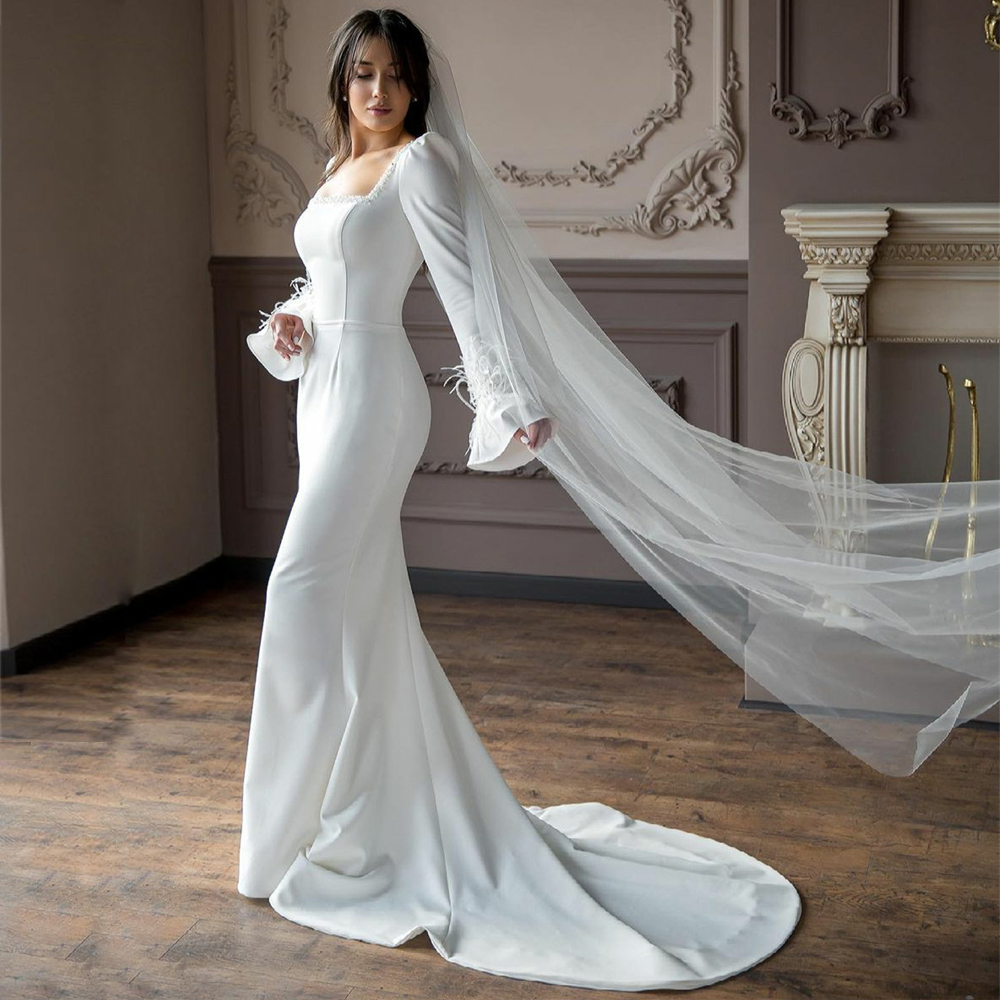 Elegant Flare Sleeve Mermaid Wedding Dresses Beaded Square Neck Bridal Gowns Feather Cuff Satin Church Sweep Train Vestido De Novia
