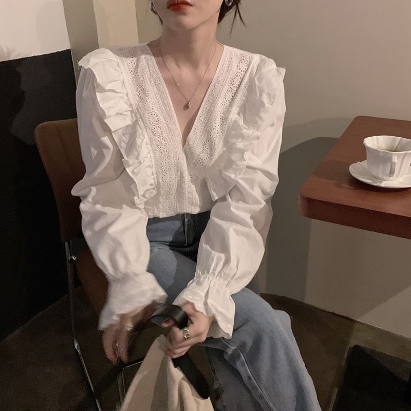 Men's Swimwear Women Blouses Shirts Spring Female Tops Vneck Ruffles Solid Elegant French Fashion Cozy High Quality Chic Ins Daily Date Office 23