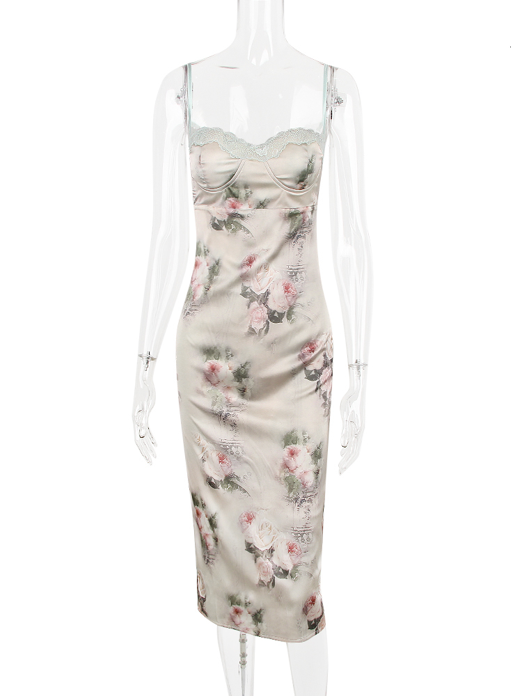 Casual Dresses Karlofea In Double Layered Satin Padded Midi Dress For Women Summer Chic Elegant Slim Floral Print Garden Party Dresses 230420