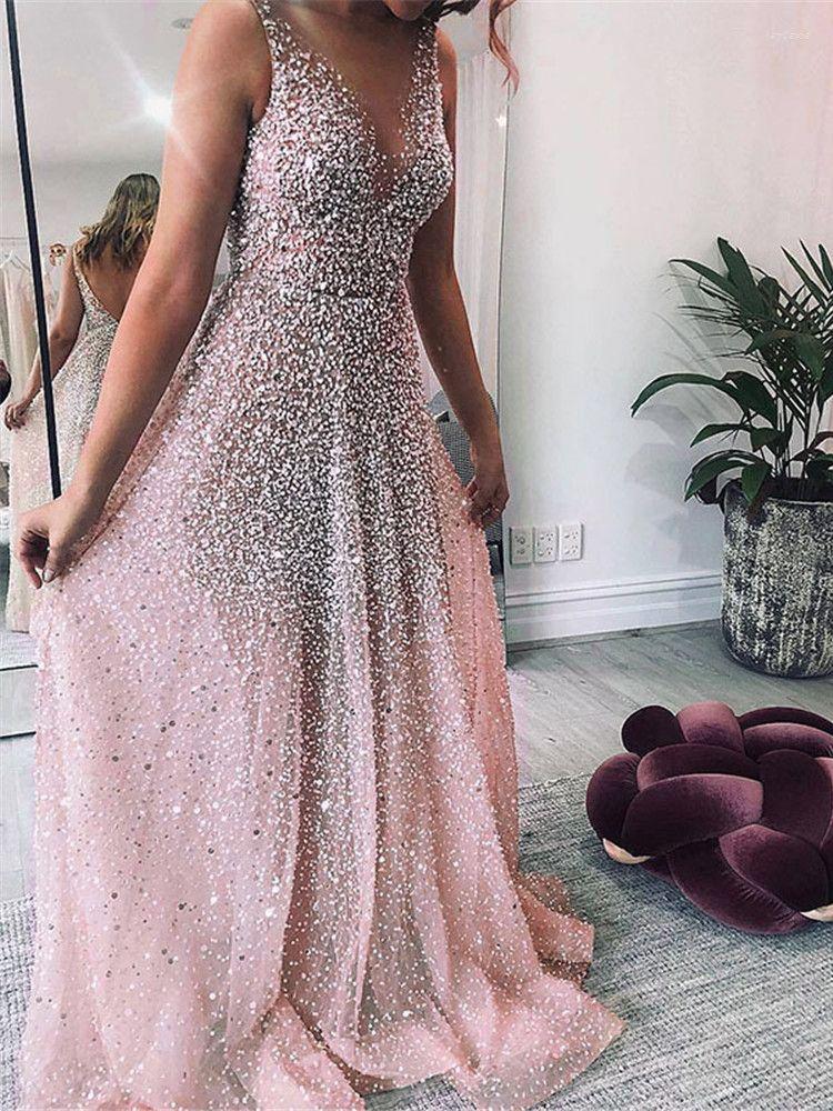 Casual Dresses Luxury Gold Sequins Beads Prom Sleeveless V-Neck A-line Wedding Woman Party Evening Gown Cocktail Dress Vestidos Fashion