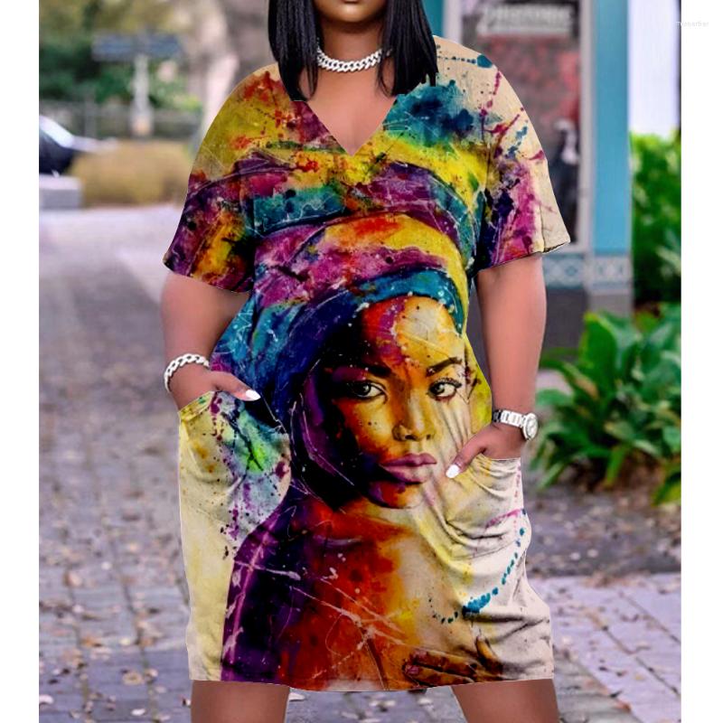 New Casual Dresses Vintage Art Splash Face Midi Dress Women Fashion Even Party Lady Short Sleeve Elegant Sexy Girl Faldas Beach