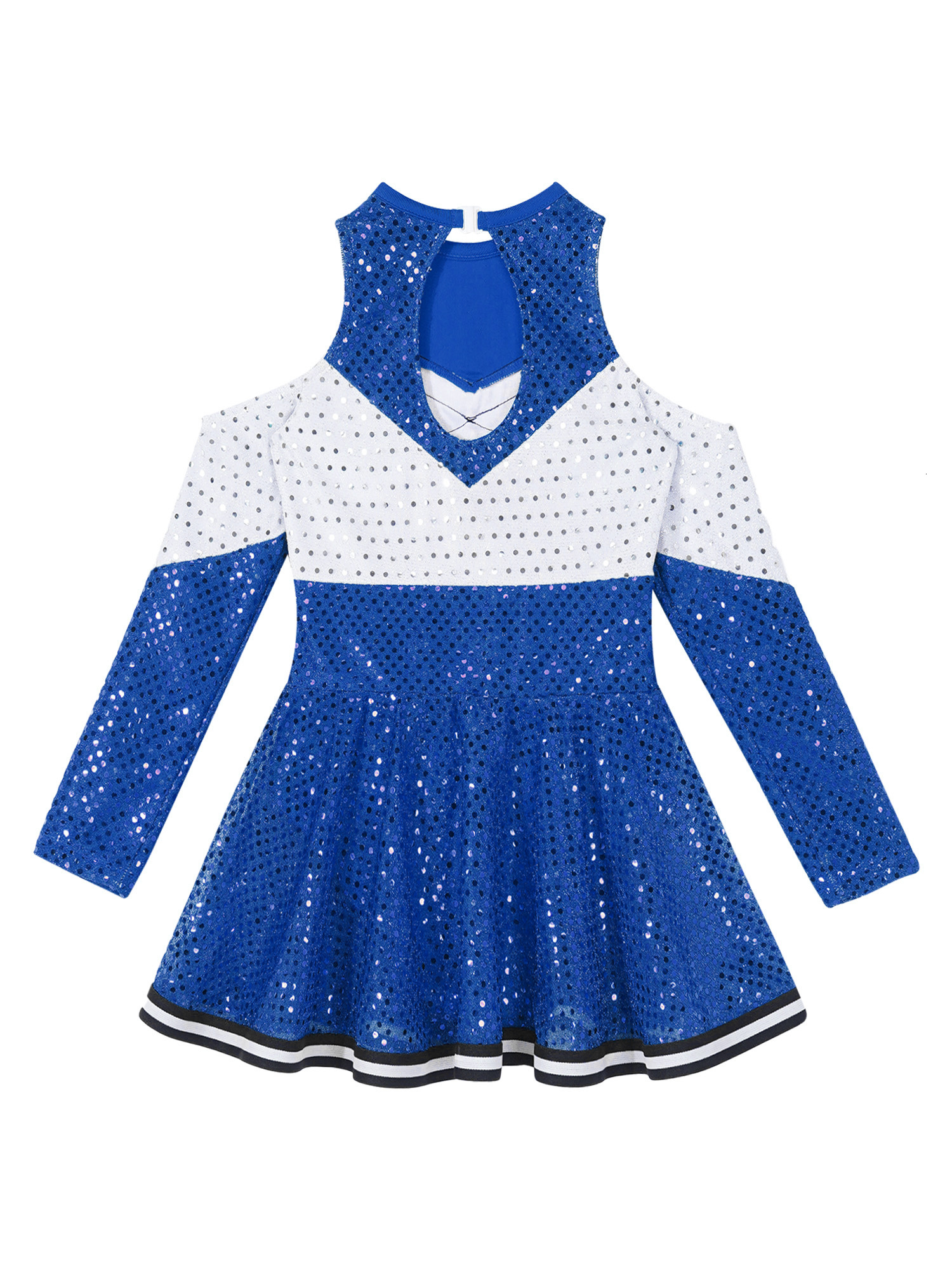 Cheerleading Kids Girls Shiny Sequins Cheerleading Uniform Dance Costume Long Sleeve Off-shoulder Round Neckline Cheerleader Dance Dress 230420