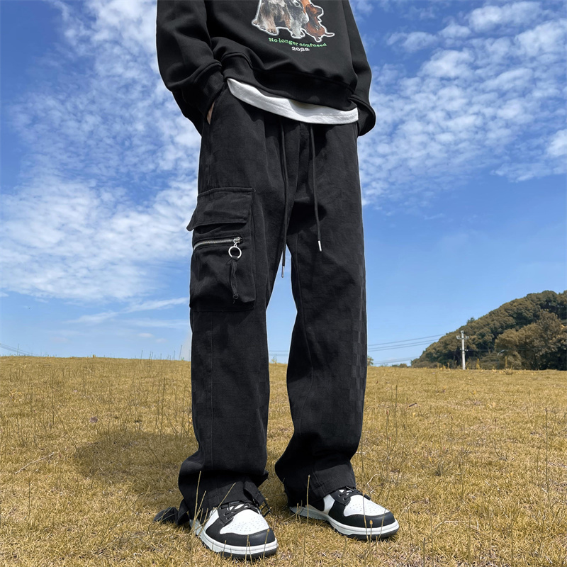 Mens Jeans Japanese Chessboard Checker Fashion Street Hip Hop Loose Straight Wide Leg Pants Couple Outerwear Red Black 230420