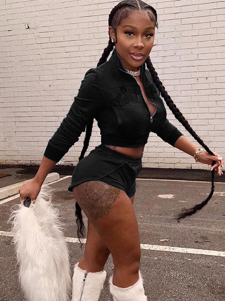 Women's Two Piece Pants Autumn Soild Zipper Pockets Short Sets For Women Clothes Streetwear Silm Sportswear Elastic Waist Sexy Fashion Two Piece 