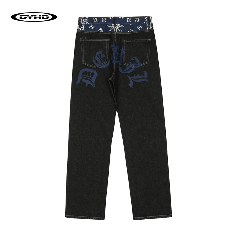 Mens Jeans Waist Cashew Print Letter Pactchwork Ripped Streetwear Straight Washed Retro Oversized Casual Denim Pants Unisex 230420